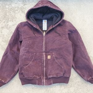 Vintage Carhartt Canvas Work Chore Jacket Size Mens Medium Hooded Plum Purple